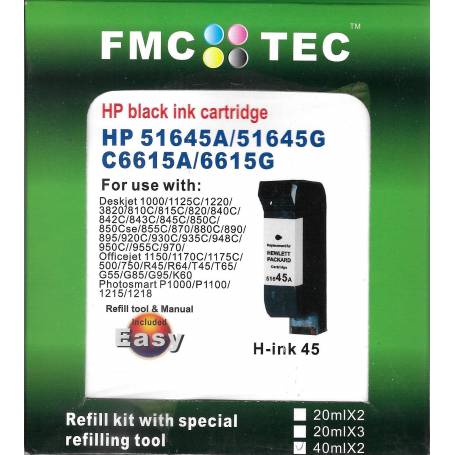 Mini Kit de Recarga FMC TEC, clónico Inktec, para HP nº 15, 40 y 45. negro 40ml x 2