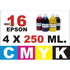 Pack 4 botellas 250 ml. tinta para rellenar cartuchos Epson 16 xl 